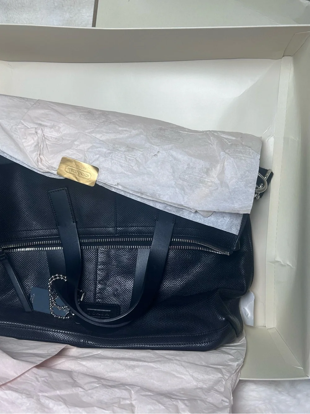 Coach Thompson 70718 Black Perforated Leather Foldover Tote + Original Box
